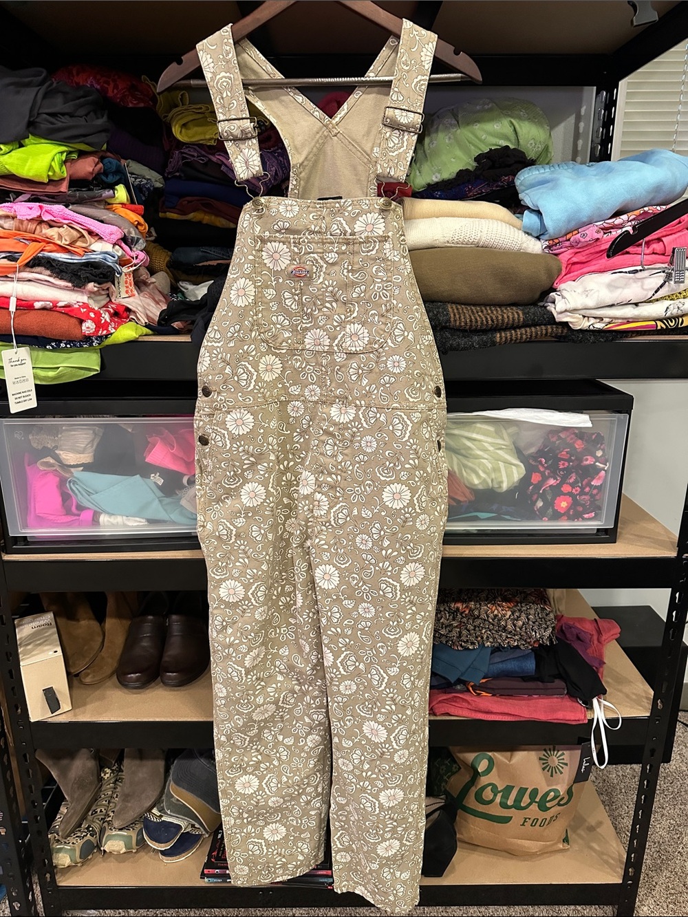 Dickies Beige Floral Print Bib Overalls Jumpsuit, workwear small rugged